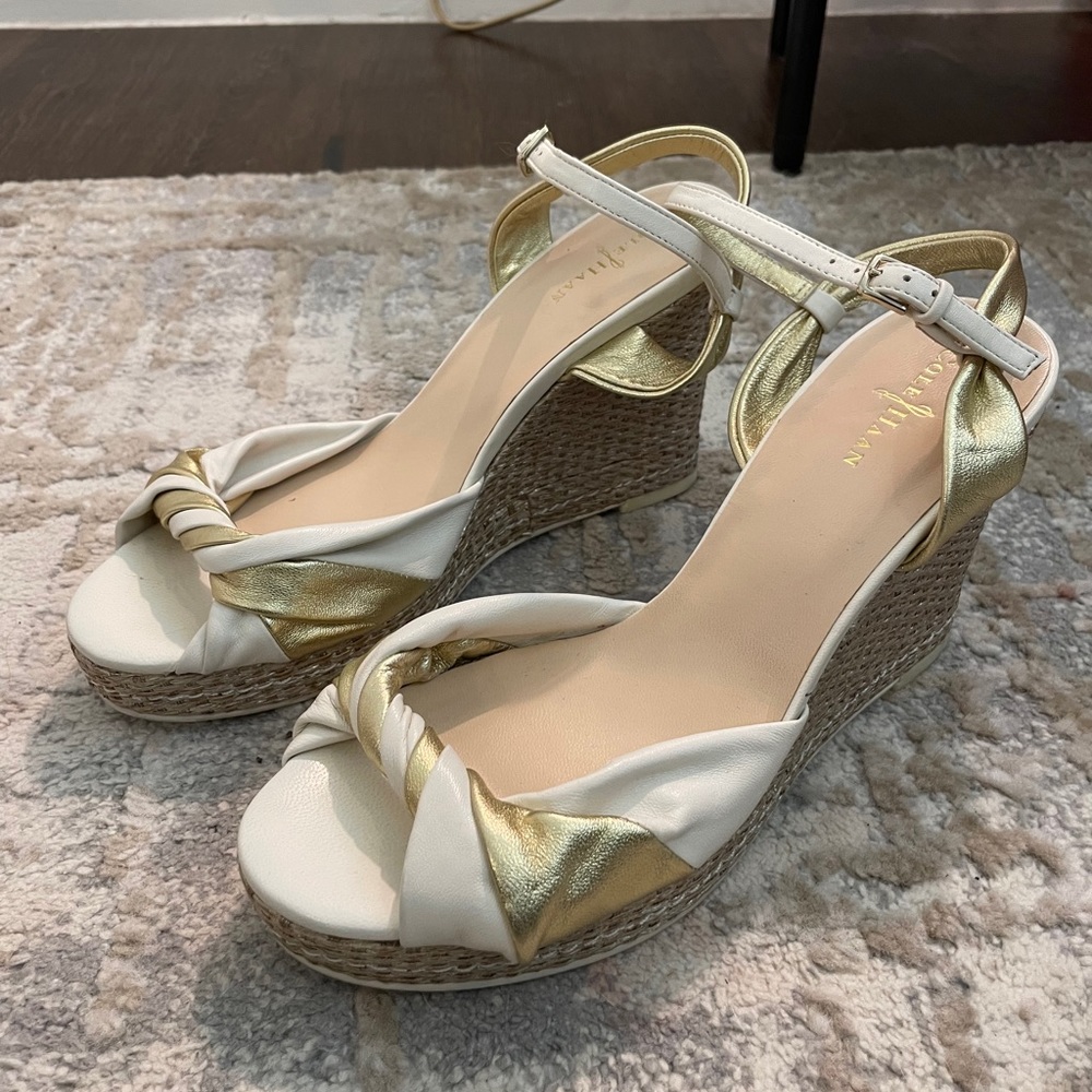 Cole Hann wedge sandals. White and gold.